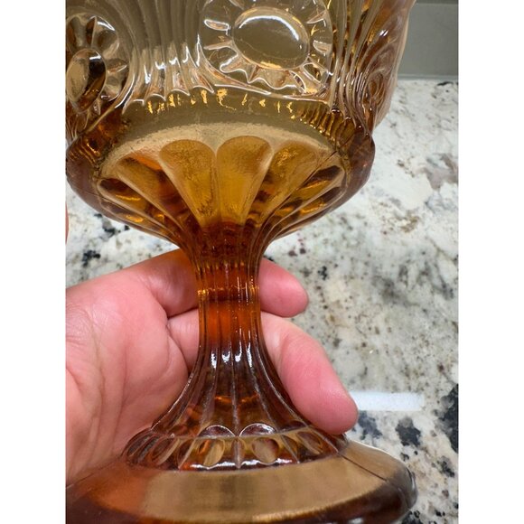Vitg Fenton Amber Opalescent Glass Compote Candy Dish Cameo Eye & Scroll Design - Picture 7 of 12